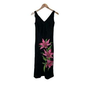 Y2K Cortefiel Black Sleeveless V Neck Linen Painted Floral Dress 38
